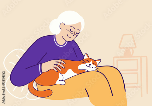 Elderly Woman Petting Contented Cat on Lap, Illustrating Comfort and Companionship
