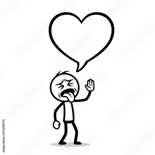 Disgusted stickman with heart-shaped bubble Stickman character showing disgusted expression with heart-shaped bubble, symbol of dislike.
