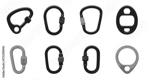 Collection of various metal carabiner shapes displayed on a white background