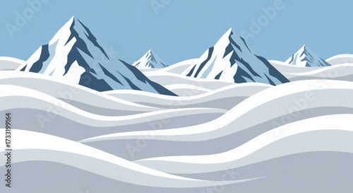 Majestic snow-capped mountains rise above a vast winter landscape.