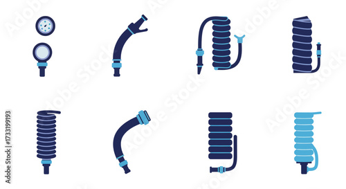 Various blue medical hose and tubing components in a flat design