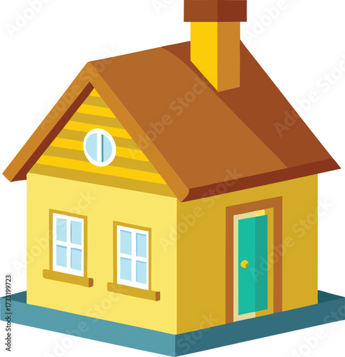 Cozy cartoon house with chimney and blue foundation
