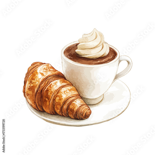 hot chocolate and croissant hand drawn illustration
