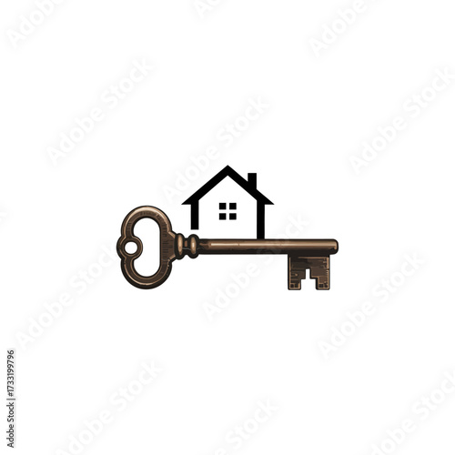 vintage key with house, real estate home access icon, classic property security logo, elegant branding vector