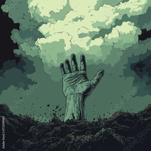 A hand emerges from dark soil under a tumultuous sky, symbolizing struggle and emergence from adversity. , vector style simple color