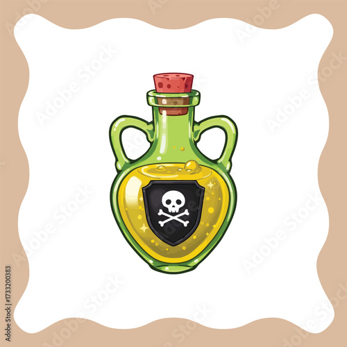 Poison bottle with skull and crossbones symbol.