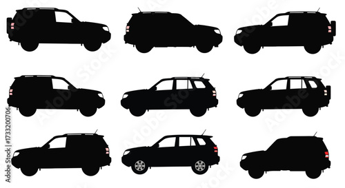 Silhouette collection of various suv car models against a white background