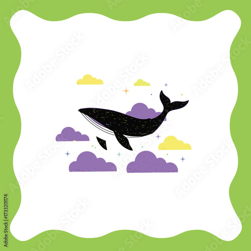 Surreal illustration of a majestic black whale flying through the sky among purple clouds.