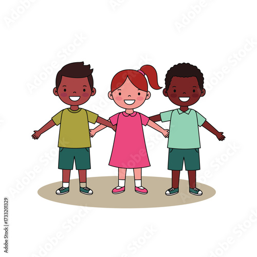 Three diverse children holding hands in a circle smiling happily.