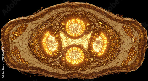 Cross-section of Eurycoma longifolia (Tongkat Ali) roots with glowing golden rings.