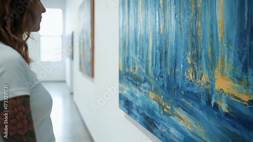 Woman with tattoos admiring vibrant abstract painting in modern art gallery, appreciating contemporary artwork on display