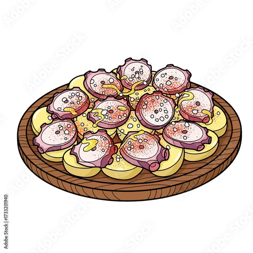 Charming Cartoon Pulpo a la Gallega, Hand-Drawn Bold Line Art Illustration, Spanish Octopus with Potatoes Icon