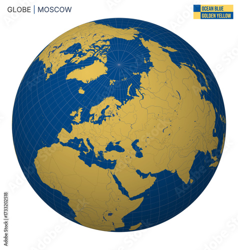 Vector Globe centered to Moscow. Ocean Blue Golden Yellow palette. World map with meridians, parallels, countries, rivers and lakes. Charming vector illustration.