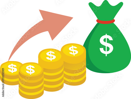 Money bag with growing coin stacks and upward arrow