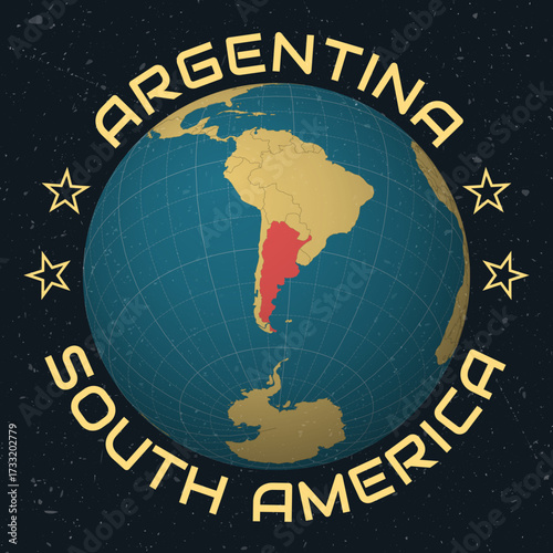 Argentina on Globe. Country name round text. Vintage look with grunge scratched texture. Country view on world map in Sky Blue Light Yellow color palette. Argentina shape on map.