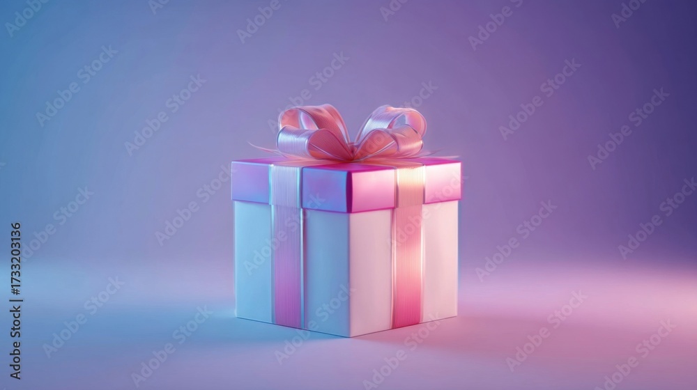 Fototapeta premium A beautifully wrapped gift box with soft blue to pink lighting, glossy surfaces, and elegant ribbon bows,