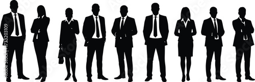 Silhouette of corporate business team standing together in formal attire, teamwork, leadership, office staff, company success, professional partnership illustrationSilhouette of corporate 