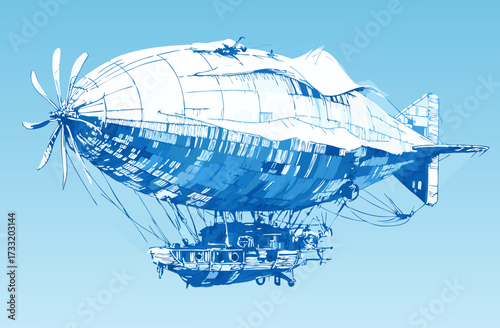 Detailed vintage airship illustration, retro blimp flying in the sky, old-fashioned zeppelin drawing, aerial transport concept