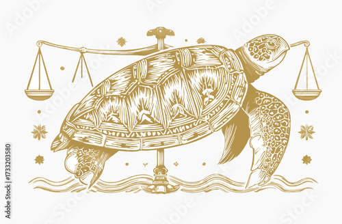 Intricate golden turtle carrying scales of justice, symbolic vintage illustration of balance, law, and wisdom on white background