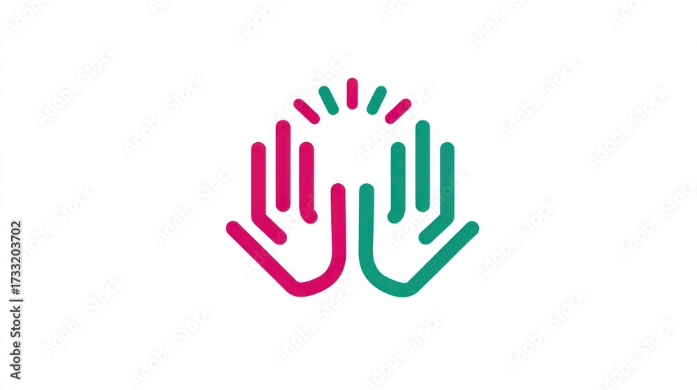 Fototapeta premium Abstract graphic of hands together with sunlight symbol on white background