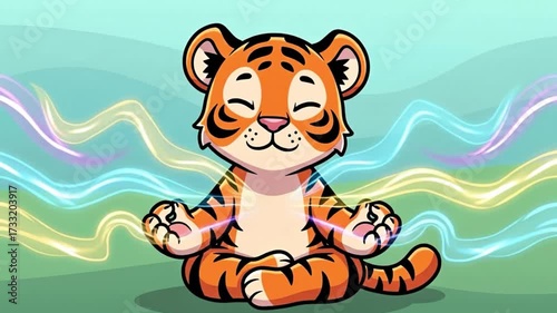 Cute cartoon tiger meditating peacefully in a lotus position, surrounded by calming colorful energy waves, representing zen and tranquility