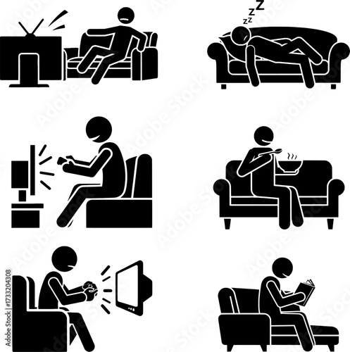 Home Relaxation, Leisure, and Couch Potato Lifestyle Icons Set