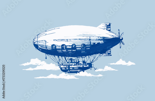 Vintage Airship Flying in Sky with Clouds - Retro Steampunk Style Illustration of a Classic Blimp for Aerial Travel