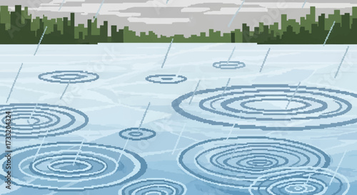 Raindrops creating ripples on a water surface.
