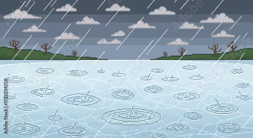 Raindrops creating ripples on a water surface.