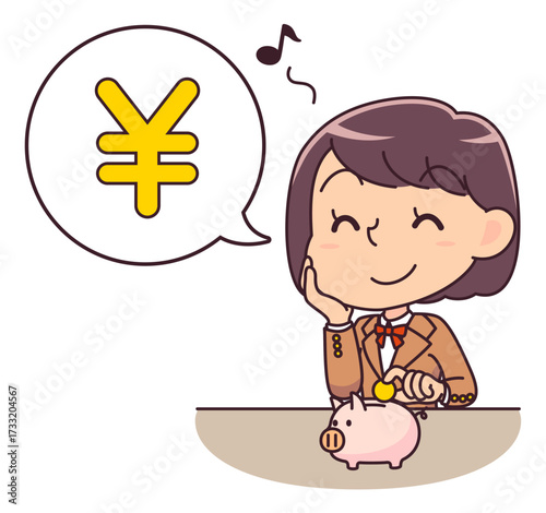 豚の貯金箱に小銭を入れて喜ぶ女子学生