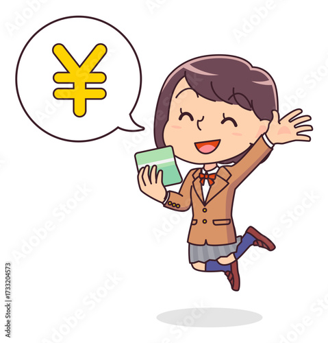 通帳に入金があり喜ぶ女子学生