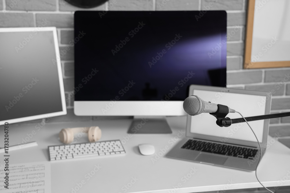 Fototapeta premium Stand with professional microphone in recording studio, closeup