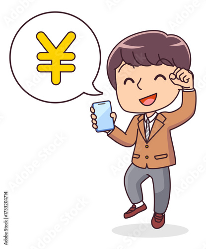 スマホで入金を確認し喜ぶ男子学生