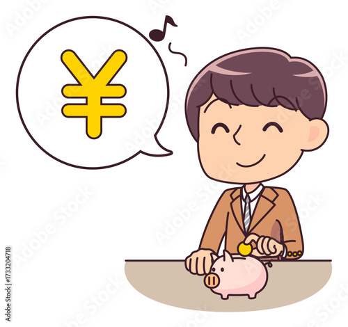 豚の貯金箱に小銭を入れて喜ぶ男子学生
