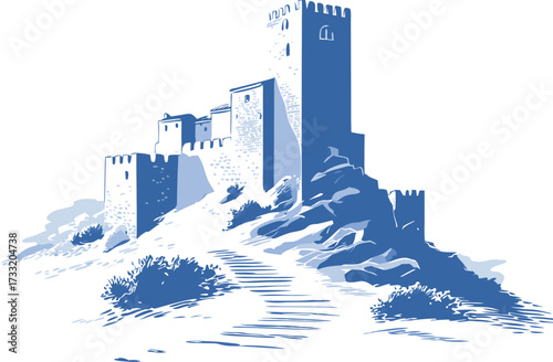 Blue and white vector illustration of a majestic medieval castle or fortress on a hill with a winding path and defense towers.