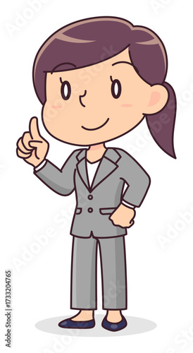 指を立てて説明するスーツ姿の女性