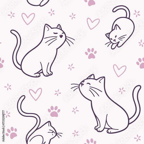 Seamless pattern featuring cute cartoon cats hearts paw prints and floral elements on a light background