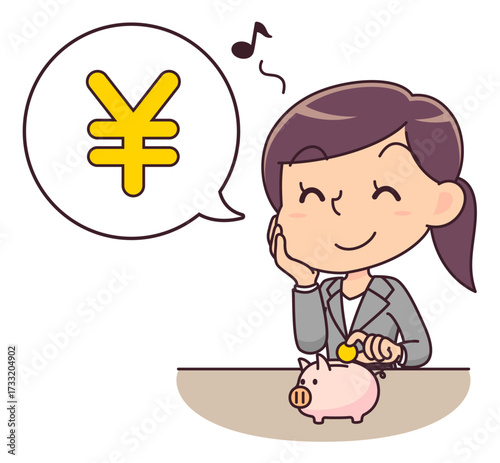 豚の貯金箱に小銭を入れて喜ぶスーツ姿の女性