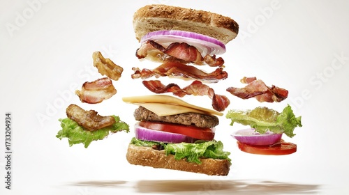 Floating hamburger ingredients