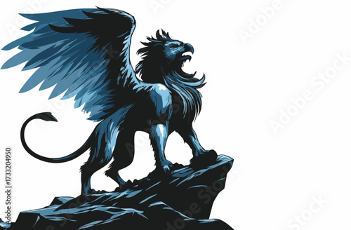 Powerful mythical griffin standing majestically on a rocky mountain peak, a stylized illustration of a fantasy creature with eagle wings and a lion body