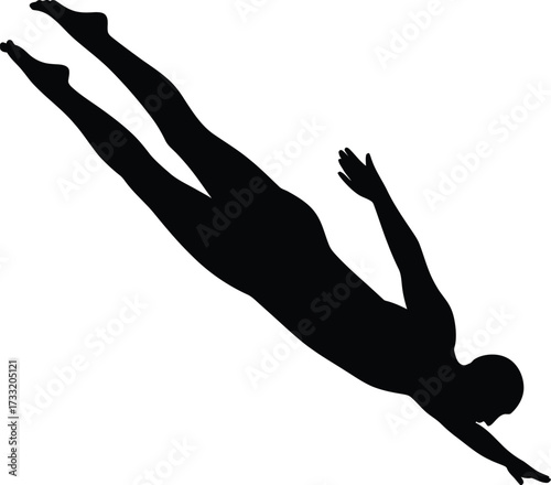 Black silhouette of a person diving swimmer white