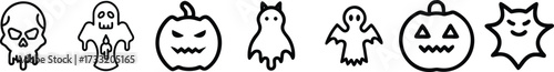 Spooky halloween icons set featuring ghosts pumpkins and bats for festive decorations vector