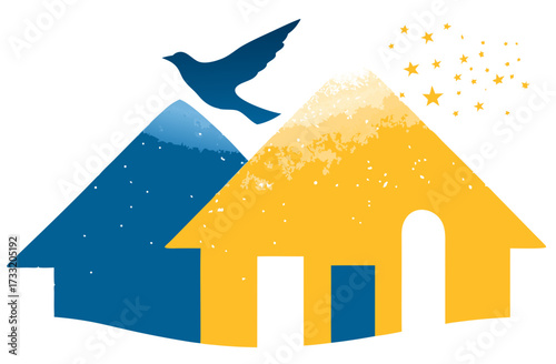 Stylized graphic illustration of two blue and yellow houses with a flying bird, symbolizing home, community, peace, and hope.