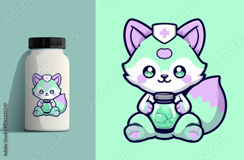 Cute kawaii fox nurse cartoon character wearing a medical hat and holding a jar with green liquid, adorable vector illustration