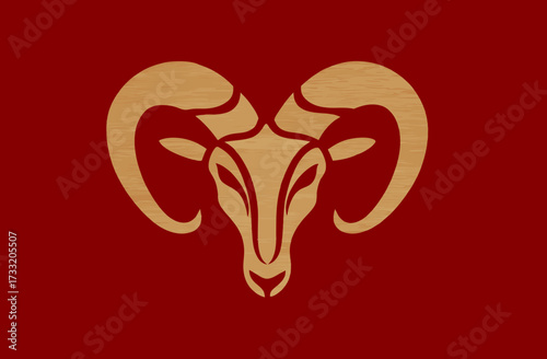 Stylized golden ram head graphic with curved horns on a deep red background, symbolizing strength, power, and determination. Emblematic animal design.