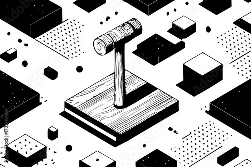 Isometric black and white digital illustration of a wooden gavel on a stand, surrounded by abstract geometric data shapes, representing justice and decisions.