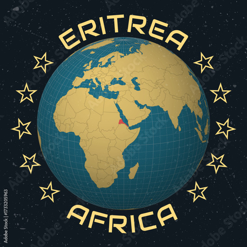 State of Eritrea on Globe. Country name round text. Vintage look with grunge scratched texture. Country view on world map in Sky Blue Light Yellow color palette. Eritrea shape on map.