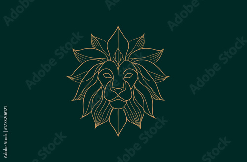 Elegant golden line art lion head with floral mane on a dark teal background, stylized nature vector illustration, luxury animal icon design