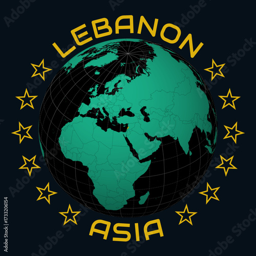 Lebanese Republic on Globe. Round country and continent name text. Country view on world map in Black Emerald color palette. Lebanon shape on map. Modern vector illustration.