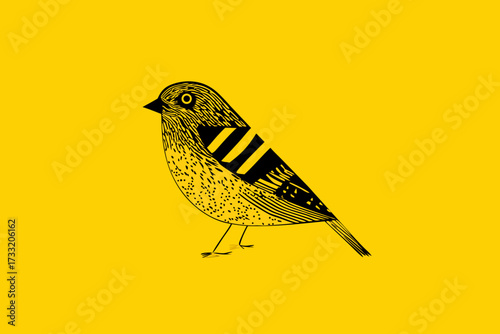 Detailed minimalist bird illustration in black line art on a vibrant yellow background, graphic design with a hand-drawn, etched style
